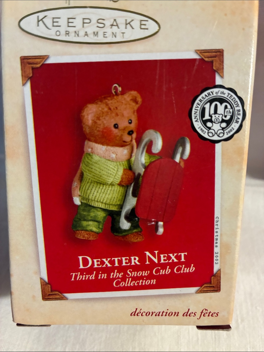 Hallmark KEEPSAKE Dexter Next Red Sled and Green Sweater 3rd in snow Cub Club